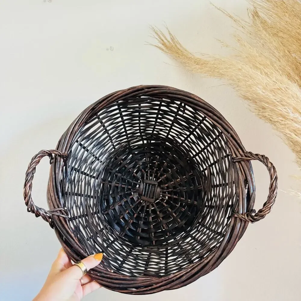 VINTAGE Brown Wood Wicker Woven Low Basket Accent Decor Vase Handles Y2K 90s